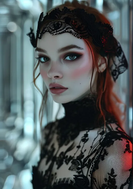 Prompt: (goth woman), ethereal beauty, dramatic contrast, intricate black lace dress, striking makeup with dark eyeliner,standing at the end of a reflective mirror tunnel, illusion of depth, moody ambiance, mysterious vibe, soft yet intense lighting, vivid colors of deep reds and midnight blues, surreal and captivating environment, high detail, 4K resolution, ultra-detailed.