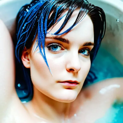 Prompt: Happy female soapy body in a wet oversized bath tub, sparkling blue eyes, high quality, watercolor painting, vibrant colors, joyful expression, detailed wet hair,detailed water droplets on body, legs overhanging the bath, refreshing atmosphere