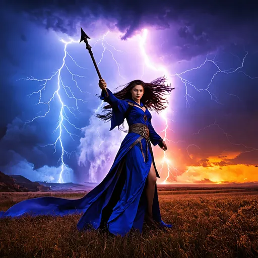 Prompt: A (beautiful female) sorcerer raising her staff triumphantly, commanding a swirling storm around her, dynamic clouds overhead, dramatic lightning illuminating her determined expression, wind tousling her hair, a breathtaking scene filled with turmoil and power, vivid colors clash in the sky, an atmosphere of strength and control, ultra-detailed, 4K resolution, cinematic.