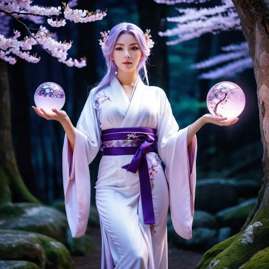 Prompt: 
4K anime style quality, digital photography mode, a wise female priestess with flowing lavender hair, soft pink eyes, and a graceful white and lavender kimono with cherry blossom patterns, standing serenely in a forest shrine under moonlight, her serene and loyal expression radiating wisdom and gentleness, full body, calm stance as she holds a small staff with a crystal orb, life size, perfect anatomy, detailed fabric texture, full HD, 4K, HDR, depth of field.
