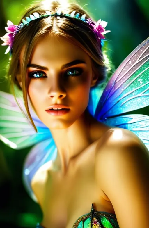 Prompt: Bare-chested fairy with colorful wings in enchanting forest, ethereal and magical, vibrant and detailed, fantasy, forest, fairy wings, professional, high quality, colorful, enchanting, ethereal lighting, mystical