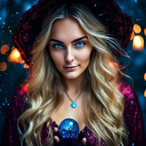 Prompt: <mymodel> Beautiful female witch, long blonde hair, blue eyes, cute smile, highly intricate outfit, glowing potions, highres, detailed, fantasy, vibrant colors, magical, atmospheric lighting