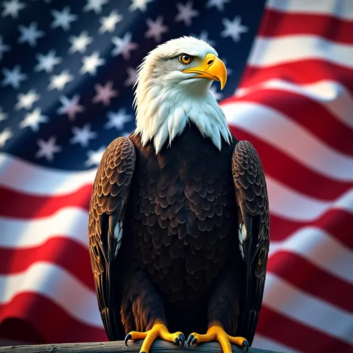 Prompt: (majestic American bald eagle), perched gracefully atop the vibrant American flag, rich colors of red, white, and blue, dramatic lighting highlighting the eagle's fierce expression, dynamic wind effect causing the flag to ripple, patriotic ambiance, inspiring and strong, ultra-detailed, 4K resolution.