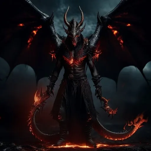 Prompt: High-res digital painting of a menacing male demon with shimmering black-red scales and piercing amber eyes, standing alongside a powerful dragon, dark and eerie atmosphere, intense and dramatic lighting, detailed fur with fiery reflections, demonic presence, supernatural, fantasy, detailed eyes, professional, atmospheric lighting, intense gaze