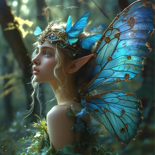 Prompt: (fairy with butterfly wings), (tiara on her head), (butterfly wings on her shoulder), enchanting fantasy art, whimsical ambiance, vibrant hues of blue and green, intricate details, ethereal lighting, a magical forest background, ultra-detailed fantasy artwork, captivating expression, mood of wonder and harmony, ornate textures, dreamlike and serene atmosphere, stunning composition, perfect for a fantasy theme