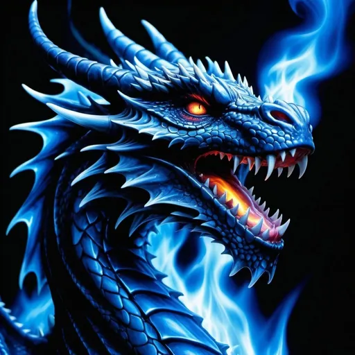 Prompt: Dragon with blue flames, Anne Stokes art, airbrush painting, black background with blue fire and water pattern, fantasy art, highres, detailed scales, intense gaze, vibrant hues, magical atmosphere, professional, atmospheric lighting