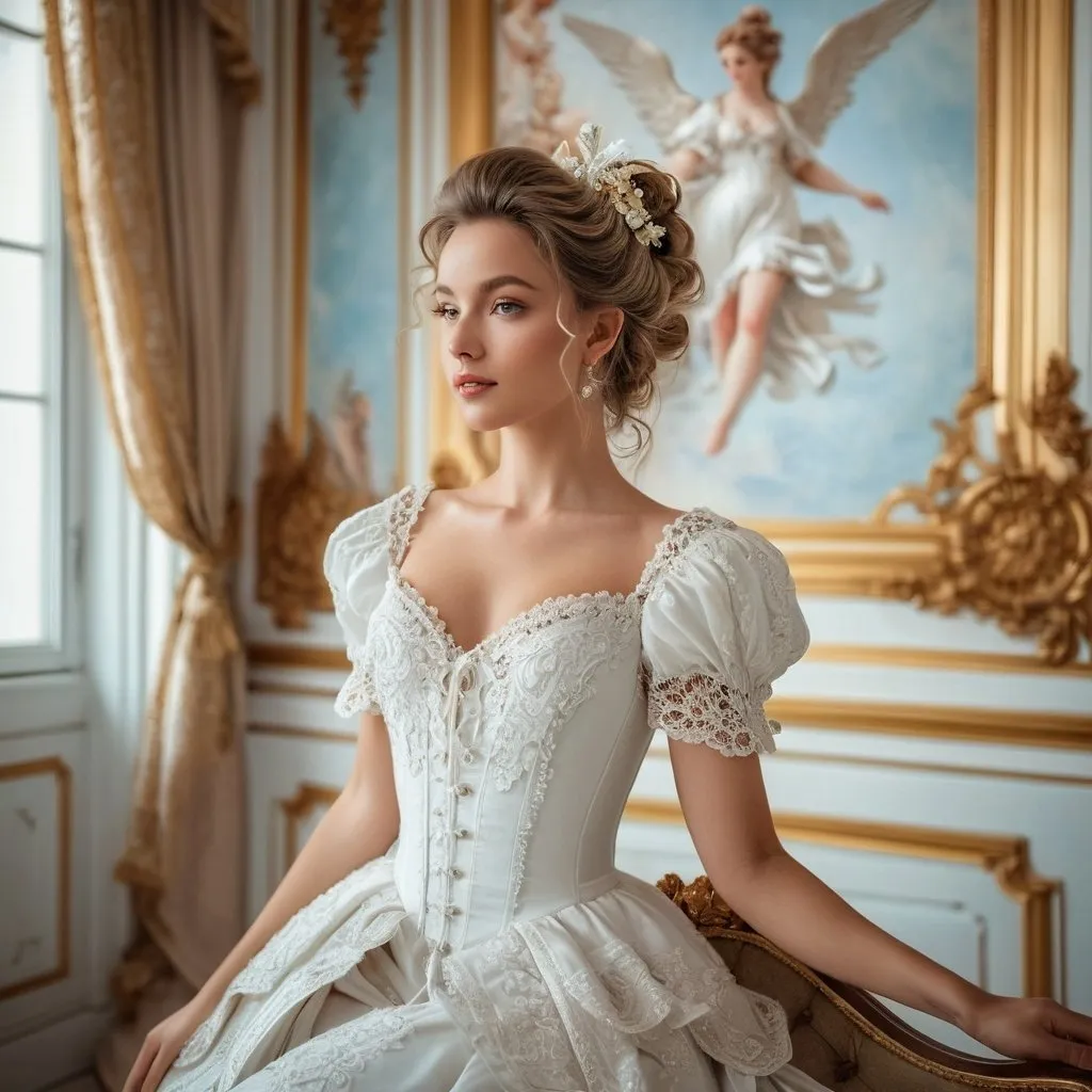 Prompt: Woman posing in white dress, rococo style room, angelic pose, detailed facial features, oil painting, intricate details, high quality, rococo, angelic, detailed dress, professional lighting, soft color tones, Eszter Mattioni, detailed background, painting on wall, subtle tattoo