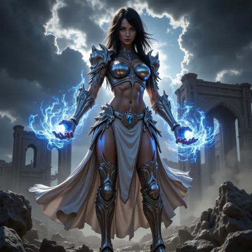 Prompt: A powerful figure stands amidst the ruins of a once-majestic civilization, her posture exuding strength and determination. Clad in intricate silver armor that harmonizes with a flowing, tattered garment, she showcases toned muscles, adorned with mesmerizing tattoos that suggest a deep connection to her mystical abilities. Her piercing blue eyes gaze intensely at something beyond the scene, as ethereal wisps of energy emanate from her outstretched hands, illuminating the surrounding chaos of dust and debris. The dramatic contrast between the dark, stormy sky and the glowing energy creates a striking atmosphere, amplifying the sense of impending conflict or revelation. The image paints a narrative of fierce resilience, suggesting a warrior poised for battle against overwhelming odds.