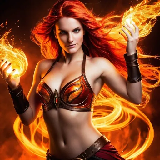 Prompt: Bare-chested, fire mage, fiery aura, intense gaze, flowing flame-like hair,wicked smile,powerful and confident stance, high quality, fantasy, magical, vibrant red and orange tones, dynamic and dramatic lighting