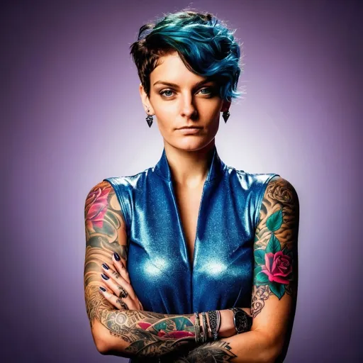 Prompt: Tattooed woman posing with arms crossed, Else Alfelt, private press, HQ, poster, realistic, detailed, vibrant colors, professional lighting, confident expression, stylish transparent attire, modern background, high-resolution, private press, detailed tattoos, subtle shading, professional photography