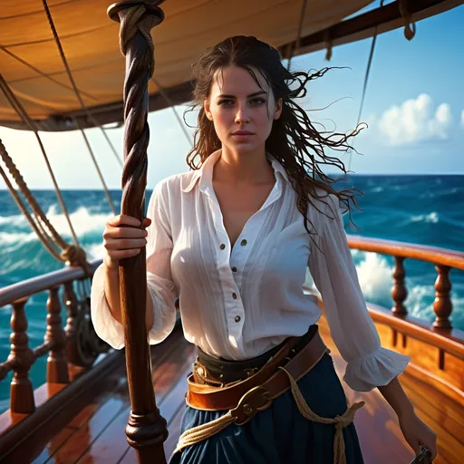 Prompt: (female pirate), mopping the deck, wearing a white blouse (partially see-through, wet), breezy ocean atmosphere, vibrant colors of the sea, high-quality details, dramatic lighting, carefree and adventurous mood, ocean waves in the background, wooden ship deck, cinematic depth, ultra-detailed scene, (action-oriented composition).