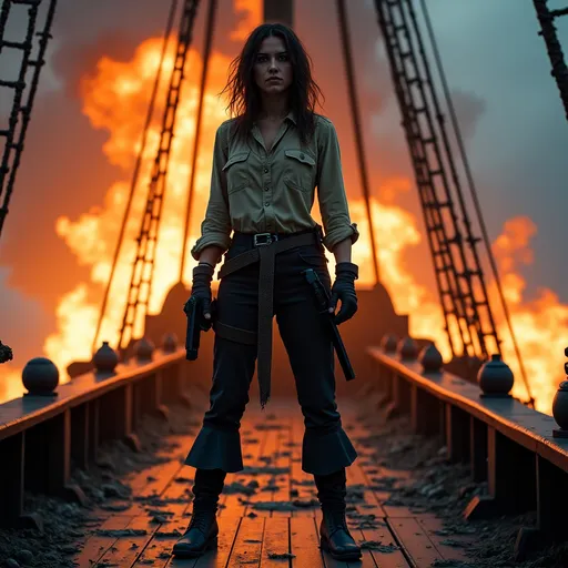 Prompt: (female pirate), standing defiantly on the (ship's deck), (dirty worn clothing), pistol in hand, surrounded by (explosions on flying debris ), intense atmosphere, dramatic action, (adventurous spirit), cinematic composition, dark hues contrasted with fiery explosions, high quality, dynamic scene, adding an air of bold determination and fearlessness amidst chaos.