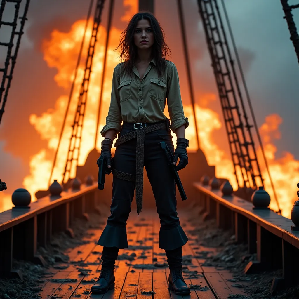 Prompt: (female pirate), standing defiantly on the (ship's deck), (dirty worn clothing), pistol in hand, surrounded by (explosions on flying debris ), intense atmosphere, dramatic action, (adventurous spirit), cinematic composition, dark hues contrasted with fiery explosions, high quality, dynamic scene, adding an air of bold determination and fearlessness amidst chaos.