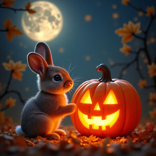 Prompt: (charming baby rabbit ), illuminating a carved Jack-o’-lantern with vibrant flames, ($ warm glowing light ambers), cozy autumn night, moonlit sky filled with stars, whimsical atmosphere, playful demeanor, (highly detailed scales), warm orange and yellow hues, enchanting setting with fallen leaves, ultra-detailed, 4K quality, magical Halloween theme.