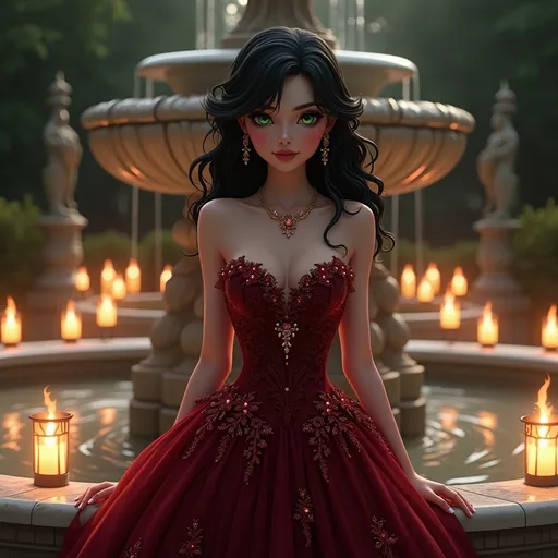 Prompt: 4K anime style quality, digital drawing mode, a regal female socialite with wavy jet-black hair and intense green eyes, wearing a dark crimson ruby ballgown with intricate lace and jeweled accents, standing by a marble fountain surrounded by candlelit lanterns, enigmatic and alluring expression, full body, elegant pose with one hand lightly resting on the fountain’s edge, cinematic lighting, perfect anatomy, highly detailed textures and embroidery, full HD, 4K, HDR, depth of field 