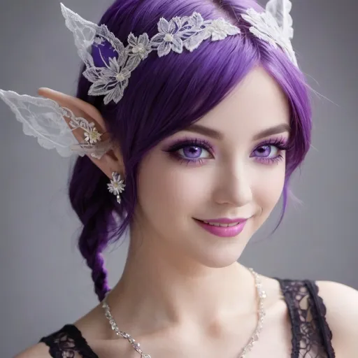 Prompt: Purple hair, violet eyes,elf ears,wry smile,lace clear top