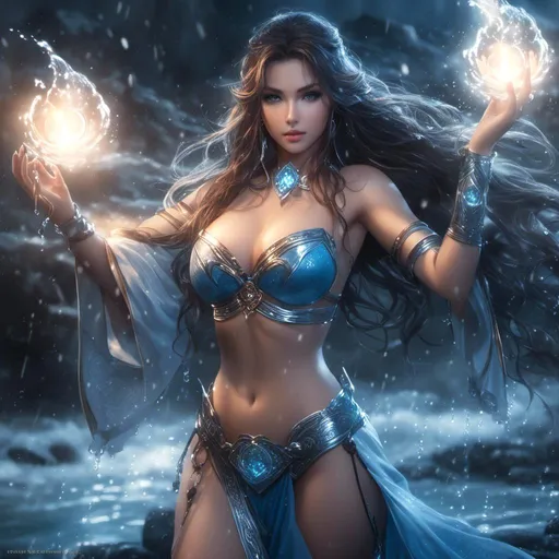 Prompt: Beautiful female water mage with a wand, bare chested, magical water powers, piercing gaze, fantasy ,long hair ,long hair, misty lightening, detailed magic effects, fantasy, cool tones, atmospheric lighting, wet look<mymodel>