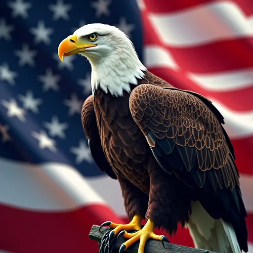 Prompt: (majestic American bald eagle), perched gracefully atop the vibrant American flag, rich colors of red, white, and blue, dramatic lighting highlighting the eagle's fierce expression, dynamic wind effect causing the flag to ripple, patriotic ambiance, inspiring and strong, ultra-detailed, 4K resolution.