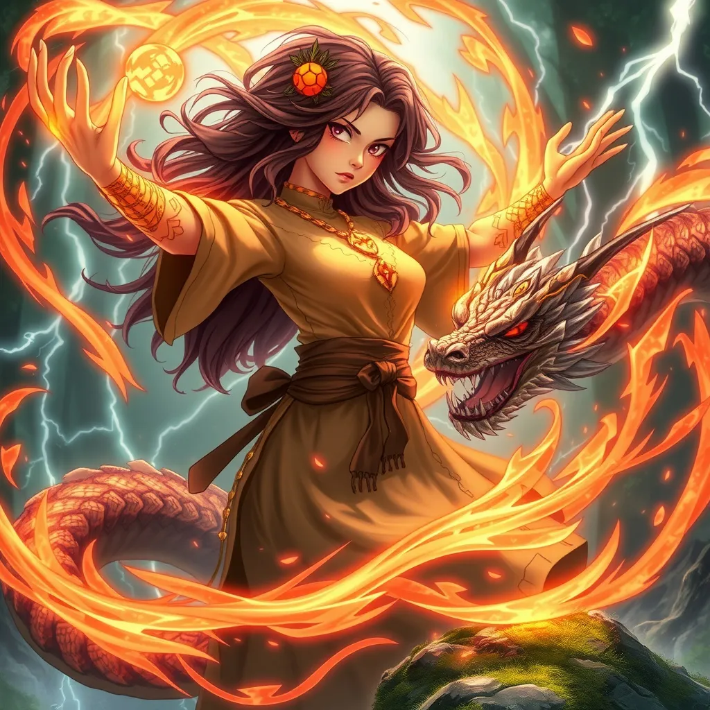 Prompt: (Fire mage), a powerful female figure surrounded by swirling aether, intricate energy patterns glowing in earthy tones, intensely focused expression, arms raised, summoning a dragon with rugged scales and flowing energy, dramatic lightning illuminating the scene, mystical ambiance, lush forest background, soft moss underfoot, ethereal glow, (4K), anime styled, ultra-detailed, high fantasy vibe.