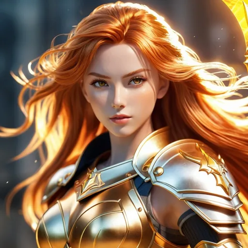 Prompt: 4K anime style quality, digital drawing mode, Sun-themed anime female character, long radiant ginger hair with sunbeam highlights, golden eyes, wearing skimpy armor with solar emblems, holding a blazing sword and shield, Blur the background to create a three-dimensional effect, atmosphere, standing in a sunlit battleground, radiant skin, flowing hair, glossy lips, fierce eyes, full body, dynamic pose, life size, perfect anatomy, detailed skin texture, full HD, 4K, HDR, perfect anatomy, depth of field.