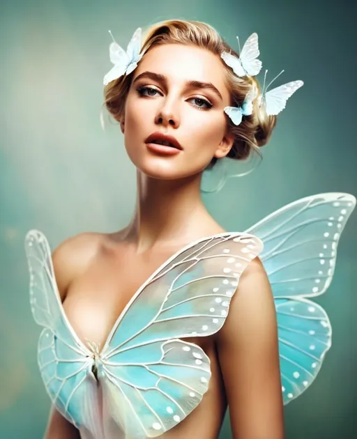 Prompt: Beautiful woman with butterfly wings, ethereal and delicate, high quality, fantasy, soft pastel colors, ethereal lighting, detailed butterfly wings, bare chest, graceful, mystical, whimsical, enchanting, elegant, magical, surreal, artistic, feminine beauty