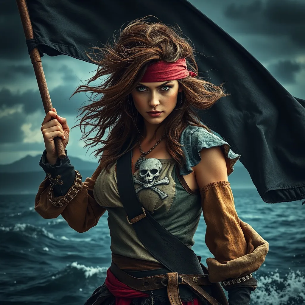 Prompt: (female pirate, holding skull and crossbones flag), adventurous atmosphere, fierce expression, windswept hair, wearing a tattered pirate outfit with detailed accessories, depicting a strong pose, backdrop of a stormy sea with dark, rolling clouds, dramatic lighting creating an intense ambiance, ultra-detailed, high quality, cinematic style.