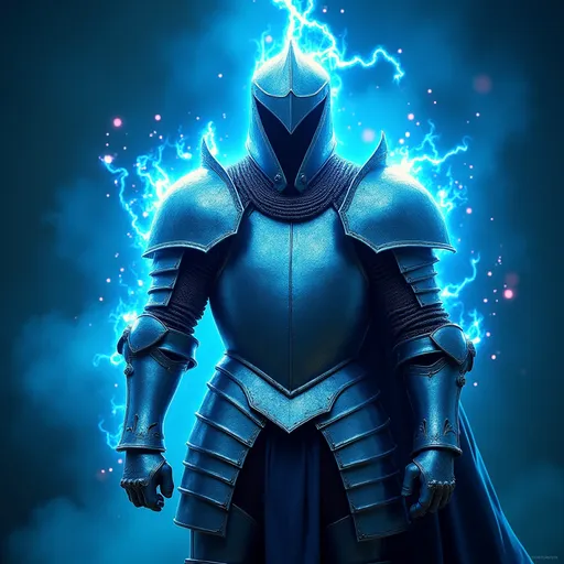 Prompt: (knight in shining armor), (blue electric arcs), dramatic lighting, high contrast, heroic pose, mythic tone, intricate details in armor, vibrant blue hues, dynamic energy surrounding the armor, sparkles and bursts of light, action-oriented composition, a mystical background with hints of a magical realm, ultra-detailed, 4K resolution.