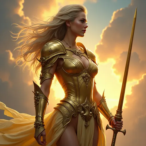 Prompt: (woman in a golden outfit holding a sword), (dramatic sky background), epic fantasy character, dynamic pose, vibrant colors, intricately detailed armor, highlights reflecting gold, ethereal mood, captivating expression, fantasy elements, masterpiece digital rendering, rich textures, high quality, (Anne Stokes style).