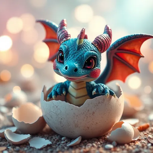 Prompt: (cute baby dragon breaking free from an egg), vibrant colors, soft pastel tones, whimsical and enchanting atmosphere, joyful and playful vibe, high-detail scales glistening, partially cracked egg shells scattered, magical twinkling light background, high-quality 4K, fantasy theme, charming creature, sweet expression, capturing the moment of freedom