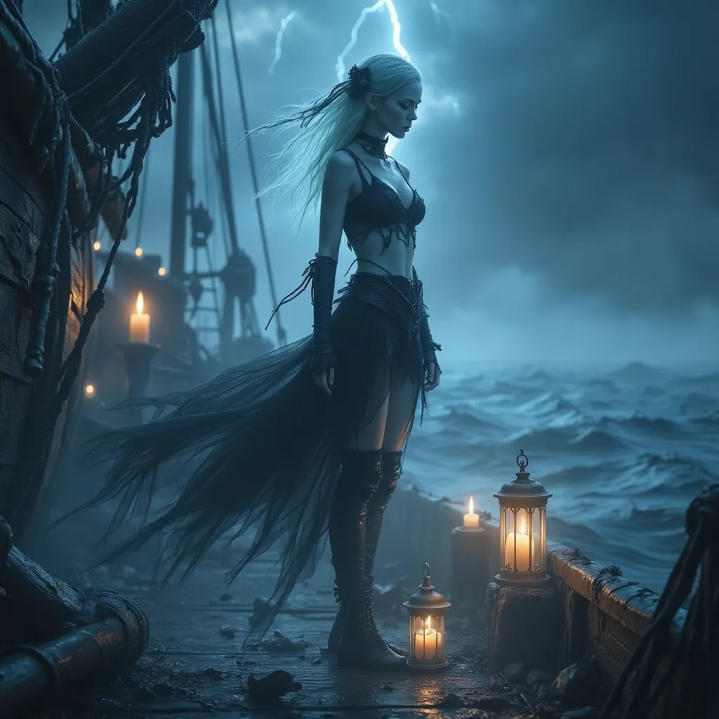 Prompt: A ghostly apparition of a female pirate stands defiantly on the creaking wooden deck of an abandoned ship, shrouded in an eerie, mist-laden fog. Her translucent form glows with a haunting bluish hue, with tattered pirate garb fluttering in a ghostly breeze. Phantom lanterns cast flickering, ghostly light across her face, revealing a fierce yet mournful expression. The dark, turbulent sea stretches into a stormy sky, illuminated intermittently by flashes of lightning, enhancing the mysterious and spectral atmosphere. Ethereal wisps drift around her, blending seamlessly with the mist, creating a chilling, cinematic scene in the style of dark fantasy concept art.