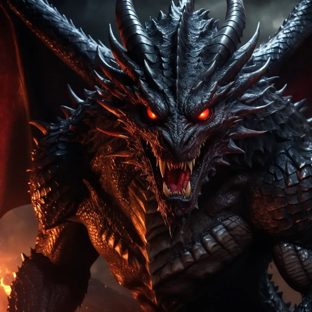 Prompt: High-res digital painting of a menacing male demon with shimmering black-red scales and piercing amber eyes, standing alongside a powerful dragon, dark and eerie atmosphere, intense and dramatic lighting, detailed fur with fiery reflections, demonic presence, supernatural, fantasy, detailed eyes, professional, atmospheric lighting, intense gaze