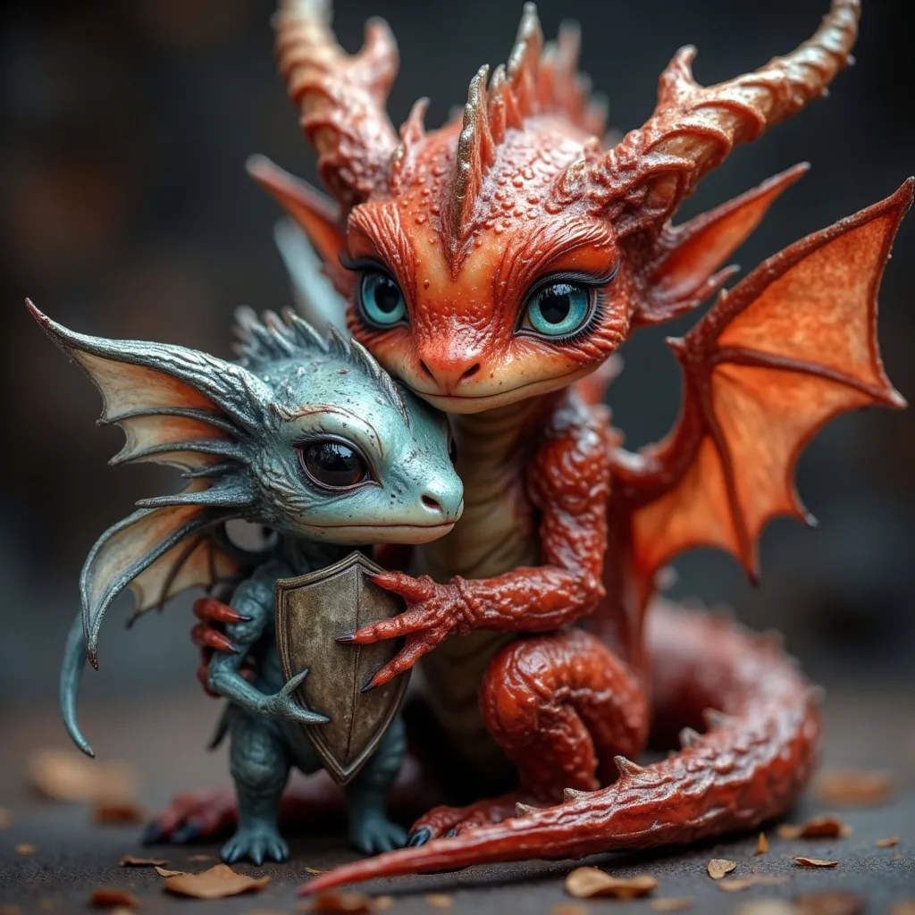 Prompt: A digital rendering of a small, red dragon with large, expressive blue eyes, holding a knight . The dragon's scales and wings have a textured, reptilian quality, with a rich, saturated red color and dark, moody shading giving depth. The knight is a cool, chrome color with a slightly textured surface, evoking a sense of tenderness and affection