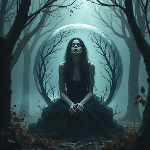 Prompt: A young gothic style female (sat inside a snow globe), enshrouded by a dark, mysterious forest, ethereal mist swirling around, an intricate glass design reflecting her somber expression, cool tones and muted colors dominate the scene, surreal ambiance, playful yet haunting, ultra-detailed fantasy art with high contrast shadows.