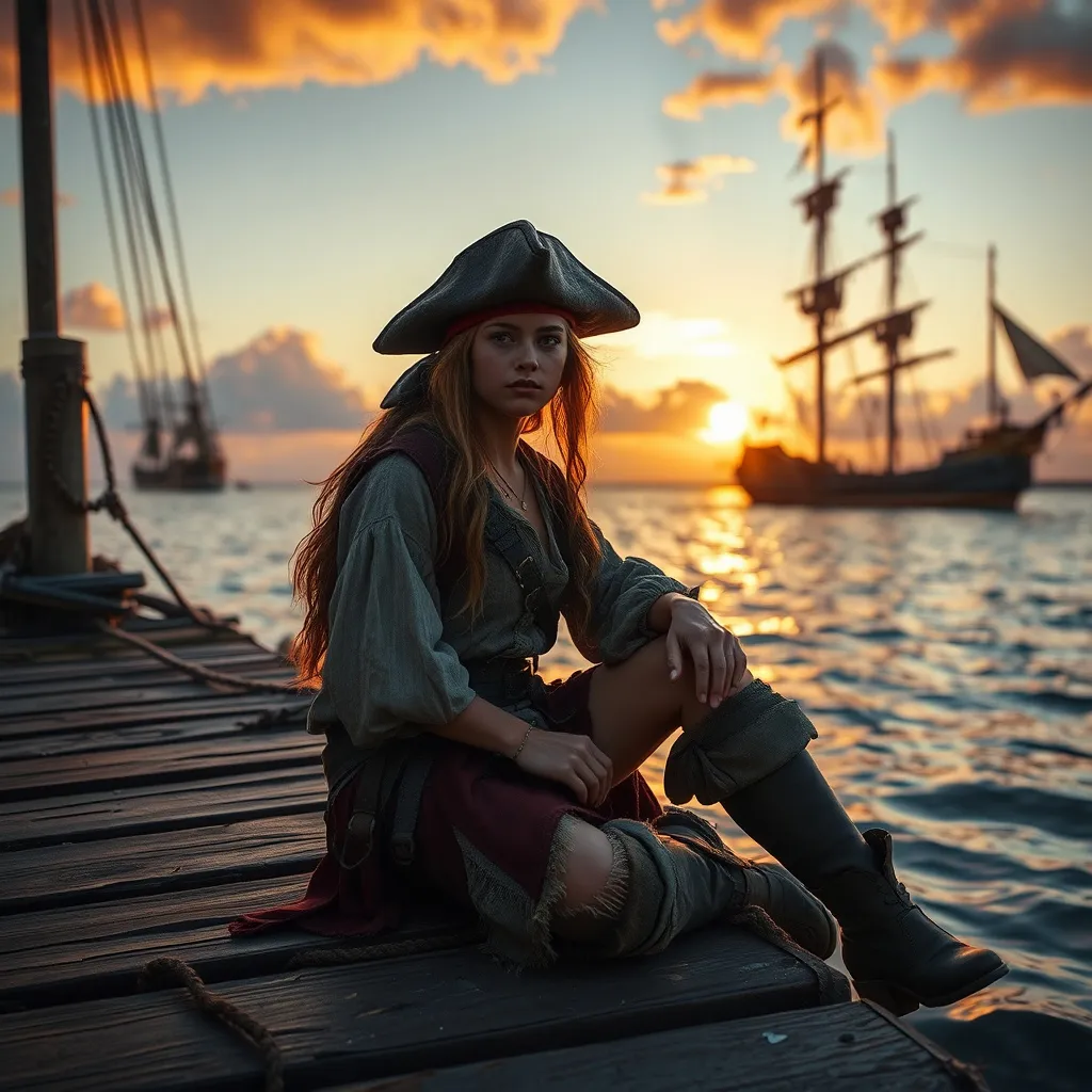 Prompt: A (young female pirate) sitting on a weathered dock, (worn clothing) reflecting months of sea adventures, next to a majestic (pirate ship) anchored in the shimmering water, with (sunset lighting) casting warm orange and purple hues across the sky. (High detail) and (cinematic atmosphere) emphasize the essence of freedom and adventure.