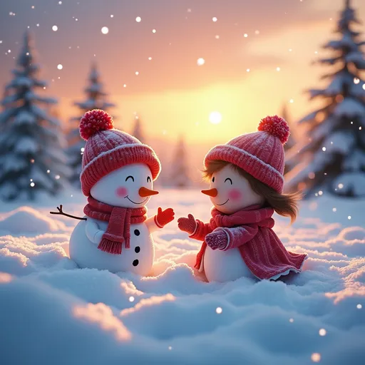 Prompt: (cute snowman and snow woman), playfully building a snow fort, light snowflakes gently falling, (cheerful winter atmosphere), vibrant winter colors, warm hues of orange and pink in the sky at sunset, snowy landscape scattered with evergreen trees, warm, inviting expressions on their faces, soft snow texture, (high detail) 4K, whimsical charm.