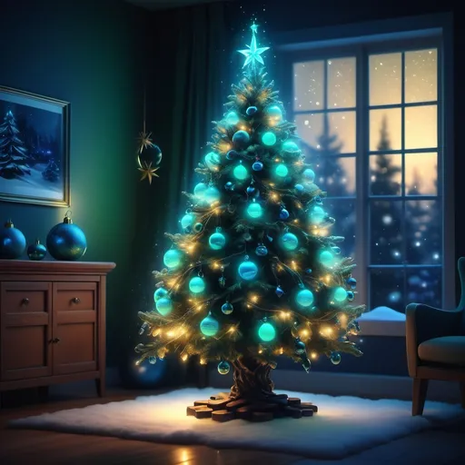 Prompt: (bioluminescent Christmas tree), glowing vibrant blue and green lights, surrounded by softly lit ornaments, a cozy room setting with warm ambient light, gently falling snow outside the window, high-detailed, soothing atmosphere, enchanting and magical vibe, festive decor and subtle shadows, (4K) resolution