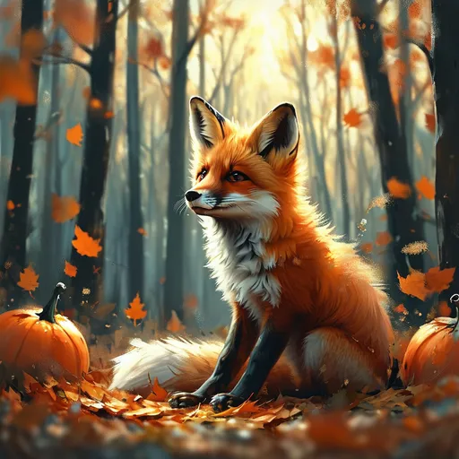 Prompt: (cute fox), sitting peacefully in the center of a serene forest, (vibrant orange fur), surrounded by fallen leaves and pumpkins carpeting the ground, tall trees in the background creating a natural canopy, (furry art), tranquil and cozy ambiance, soft dappled sunlight filtering through leaves, playful expression on the fox's face, high quality 4K, ultra-detailed masterpiece.