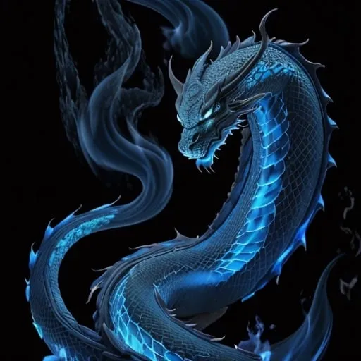 Prompt: Fantasy art of a majestic dragon with blue flames, airbrush painting, Anne Stokes style, black background with water and blue fire pattern, high quality, detailed scales, intense gaze, mystical atmosphere, vibrant colors, ethereal lighting, fantasy, dragon art, airbrush painting, Anne Stokes style, majestic, blue flames, water pattern, intense gaze, vibrant colors, mystical atmosphere, ethereal lighting