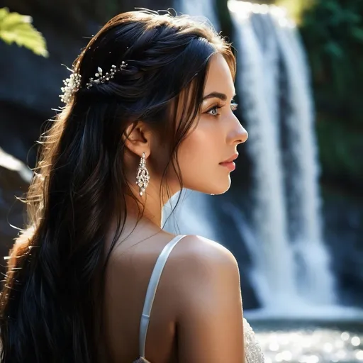 Prompt: Beautiful woman posing near a waterfall, long dark hair, hazel eyes, back to camera, looking over shoulder, realistic, detailed realistic water droplets, high quality, elegant, natural lighting, serene atmosphere, detailed hair, detailed eyes, serene, outdoor, detailed, highres, realistic, elegant, flowing water, peaceful, atmospheric lighting