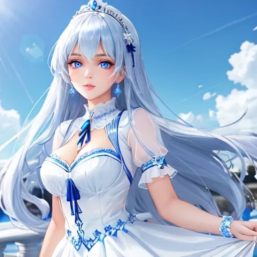 Prompt: a beautiful girl with blue eyes and white dress, masterpiece, high quality detailed