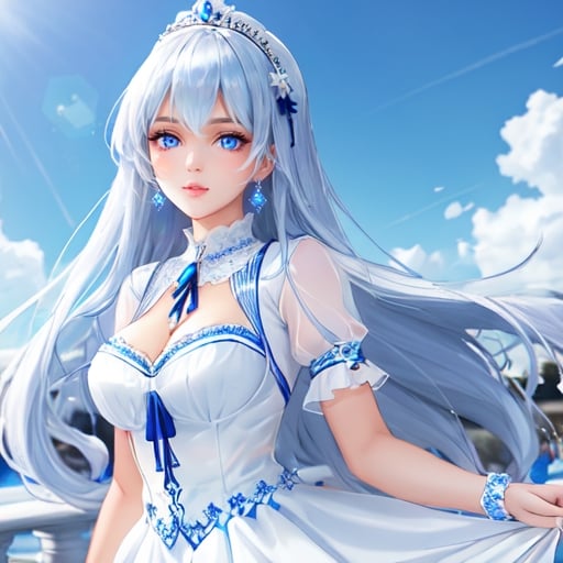 Prompt: a beautiful girl with blue eyes and white dress, masterpiece, high quality detailed