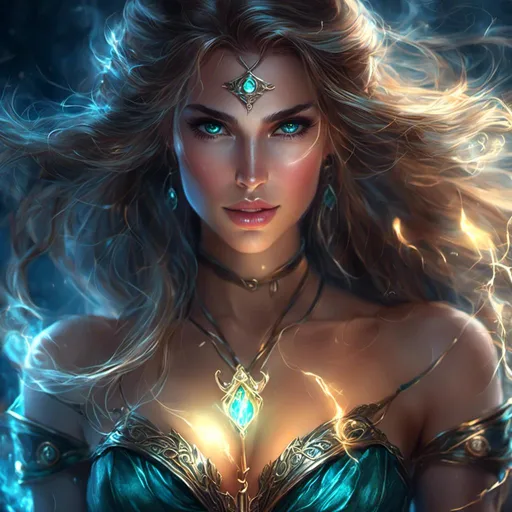 Prompt: <mymodel> Beautiful female electic mage with a wand, bare chested, magical lightening powers, piercing gaze, fantasy illustration, highres, detailed magic effects, fantasy, cool tones, atmospheric lighting