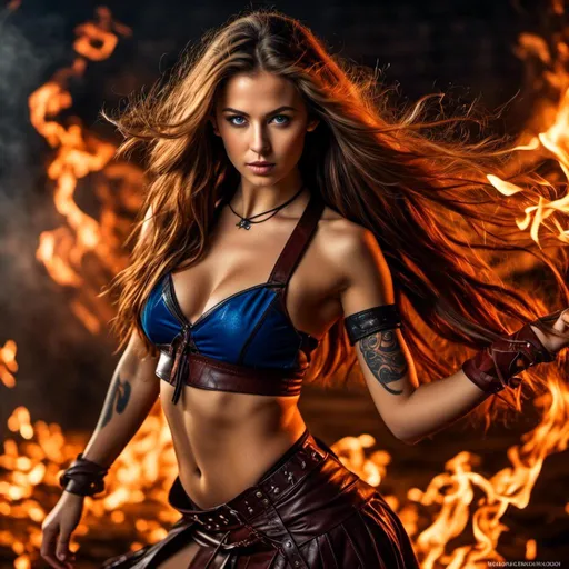 Prompt: <mymodel> Fire mage with long billowing hair, intense blue eyes, sultry smile, (((bare chest))), skimpy leather skirt, high quality, fantasy, dramatic lighting, intense gaze, magical flames, detailed leather texture, fiery red and orange tones, billowing hair, tribal tattoos,fantasy art, 4K, powerful stance