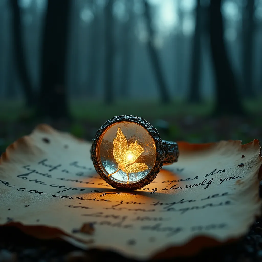 Prompt: Elven resin ring, with delicate  Gaussian electromagnetism luminescent glow, positioned in the center of an old parchment adorned with a handwritten love letter & ink stains, overlaying a dark spring forest at night, gaussian electromagnetism in the sky, with intricate details, double exposure, deep shadows, grandiose cinematic lighting & strong rim light.