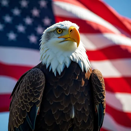 Prompt: (majestic American bald eagle), perched gracefully atop the vibrant American flag, rich colors of red, white, and blue, dramatic lighting highlighting the eagle's fierce expression, dynamic wind effect causing the flag to ripple, patriotic ambiance, inspiring and strong, ultra-detailed, 4K resolution.