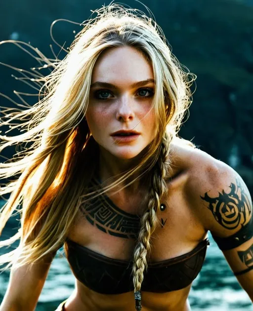 Prompt: Bare-chested female Viking with tribal tattoos leaping from longship, intense expression, long blonde hair,high quality, realistic, action, historical, tribal tattoos, intense gaze, muscular physique, fierce, jumping mid-air, longship, ancient setting, dramatic lighting