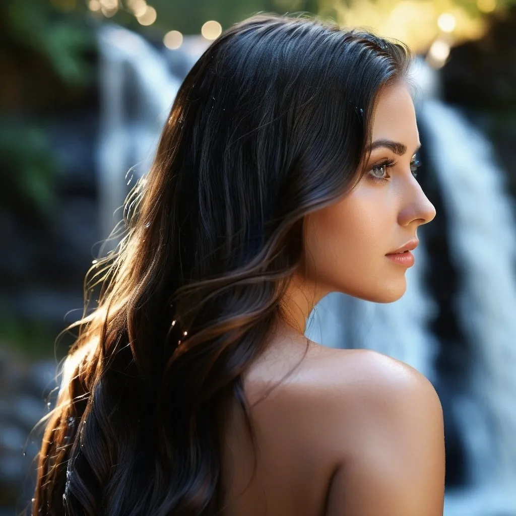 Prompt: Beautiful woman posing near a waterfall, long dark hair, hazel eyes, back to camera, looking over shoulder, realistic, detailed realistic water droplets, high quality, elegant, natural lighting, serene atmosphere, detailed hair, detailed eyes, serene, outdoor, detailed, highres, realistic, elegant, flowing water, peaceful, atmospheric lighting
