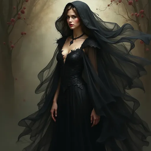 Prompt: (woman in a flowing black dress), (black cape draped over head), (elegant pose), captivating fantasy art style, intricate details throughout, ornate embellishments, charcoal and deep shadows, ethereal ambience, soft yet dramatic lighting, rich textures in fabric, enchanting background with mystical elements, atmosphere filled with allure and sophistication, (detailed painting), (high quality, ultra-detailed, masterpiece).