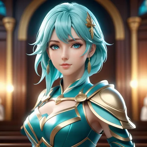 Prompt: 4K anime style quality, photo-realistic mode, Libra-themed anime female character, medium-length teal hair with feather highlights, serene blue eyes, wearing an outfit with scales and balance motifs, holding a scale and sword, Blur the background to create a three-dimensional effect, atmosphere, standing in a celestial courtroom, radiant skin, flowing hair, glossy lips, balanced eyes, full body, dynamic pose, life size, perfect anatomy, detailed skin texture, full HD, 4K, HDR, perfect anatomy, depth of field