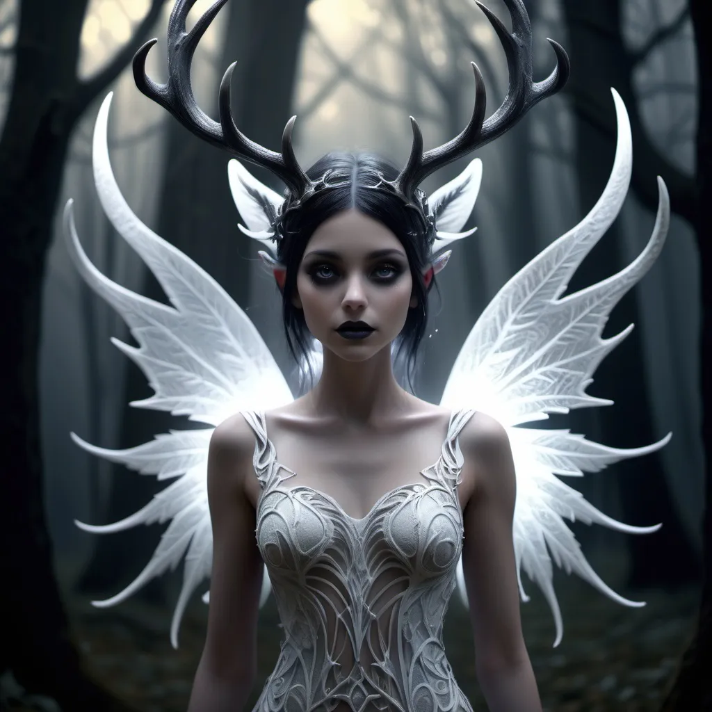 Prompt: (dark gothic Pixie), ethereal encounter, intricately detailed, shimmering, twisted wings, mysterious expression, surrounded by shadowy enchantments, (magnificent white stag), glowing antlers, mystical forest backdrop, (moody lighting), deep shadows, soft moonlight, (highly atmospheric), secretive vibe, blend of intrigue and beauty, ultra-detailed, 4K resolution.